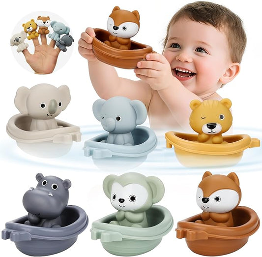 Bath Toys Float Boats for Kids Ages 18M+,Stackable Floaty Boat,Silicone Animal Finger Puppets,Toddler Toys Gifts for 2-4 Year Old Baby Gifts Valentines Easter Basket
