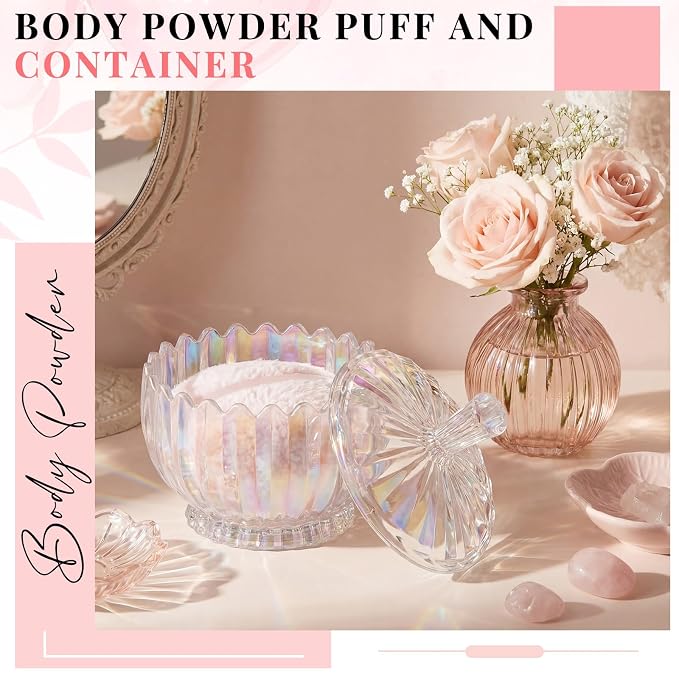 Tioncy 2 Pcs Extra Large Dusting Powder Puff and Container for Women-6'' Glass Crystal Dusting Powder Container with Body Soft Washable Reusable Velour Face(Dazzling,Scalloped)