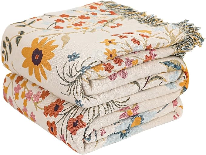 LUTBM Boho Throw Blanket for Bed 60"x80", All Season Cotton Couch Blankets | Reversible Floral Embroidery, Muslin Twin Quilt, For Chair Sofa Bedroom Living Room, Lightweight Breathable Gauze, Home Decor