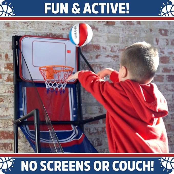 Pop-A-Shot Lil’ Pop Game | Indoor Arcade Basketball Hoop for Kids Age 3-6 | 3 Balls & Sticker Pack | Electronic Scoreboard, Music, Sound FX