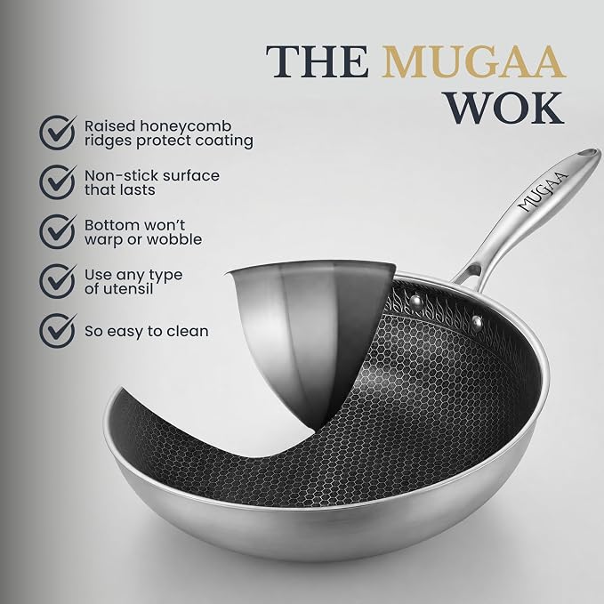 MUGAA® 11" Honeycomb Stainless Steel Wok with Lid, Nonstick, Induction Safe | Heavy-Duty Stir Fry Pan, Induction Compatible & Even Heat Distribution, PFOA-Free Non Toxic Cookware, Oven & Dishwasher Safe