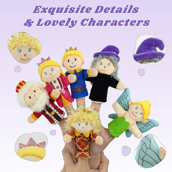 6 Pcs Fairy Tale Finger Puppets Set,4 inch Fairy Tale Members Soft Plush Hand Puppets for Kids Mini Toys,Finger Puppets for Toddlers Princess Puppet Storytelling Role-Playing