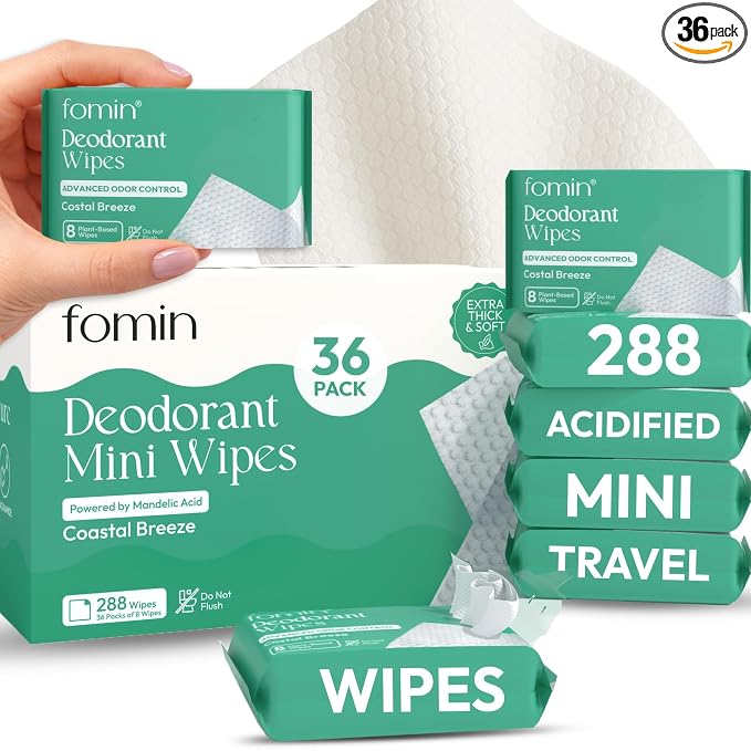 FOMIN Acidified Travel Deodorant Mini Wipes For Women & Men- Costal Breeze - 288 Count - pH Balanced, Biodegradeable Mini Deodorant Travel Size Wipes - Plastic-Free, Underarm Body Wipes