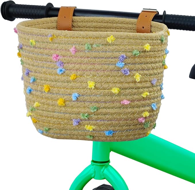 Kids Bike Basket for Boys and Girls, Children's Bicycle Basket Woven With Sisal Rope, Cute Decorative Accessories for Balance Bikes and Scooters