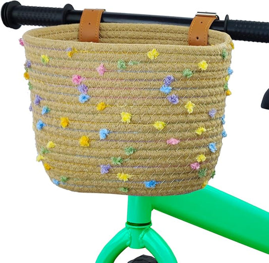 Kids Bike Basket for Boys and Girls, Children's Bicycle Basket Woven With Sisal Rope, Cute Decorative Accessories for Balance Bikes and Scooters