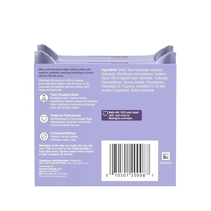 Neutrogena Night Calming Makeup Remover Face Wipes, Nighttime Cleansing Towelettes Remove Sweat, Dirt & Makeup & Calms Skin, Hypoallergenic, 100% Plant Based Cloth, Twin Pack, 2 x 25 ct