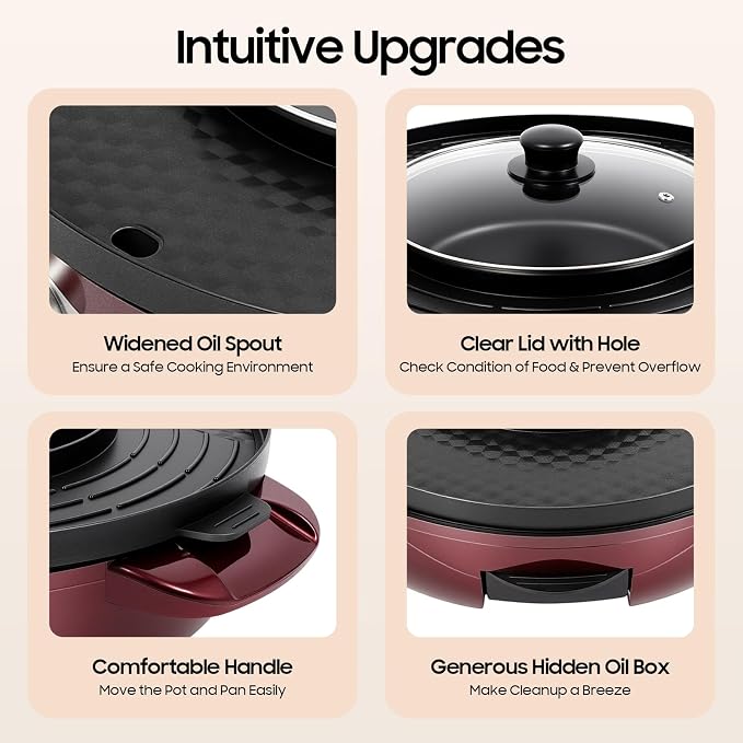2 in 1 Hot Pot with Grill,2200W 110V Electric Removable Korean BBQ Hotpot Pots,Dual Control Shabu,Multi-Function Smokeless Barbecue Electric Baking Pan,Dual Split Design, for 5 to 15 People