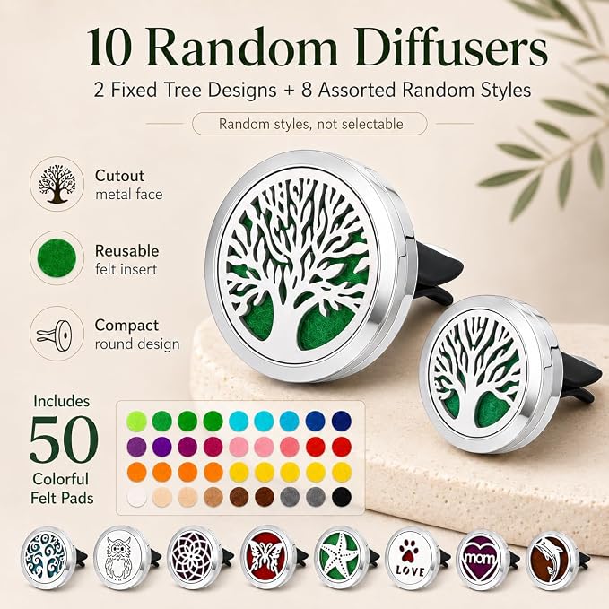 10 Pack Car Vent Essential Oil Diffuser Clips, Silver Metal Car Air Freshener Vent Clips with 50 Colorful Felt Pads Reusable Car Aroma Diffuser for Essential Oils (D)