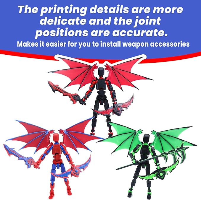 Titan 13 Robot Action Figure,Dummy 13,Articulated Robot with Demon Wings, 3D Printed robo 13 Action Figure Articulated (Red Blue)