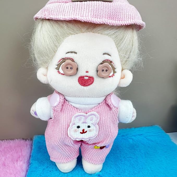 niannyyhouse 17cm Doll Clothes Hat White T-Shirt Animal Print Overalls 15cm Plush Doll Dressup (Green-2)