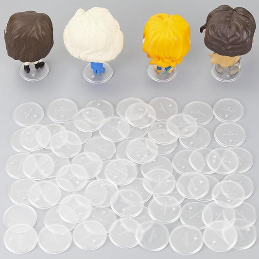 56PCS Figure Stand Base with 120PCS Adhesive for Fuko Pop, 1.57 Inch Clear Round Plastic Bases No Peg, Doll Model Storage Organizer Display Holder Accessories for Action Figures