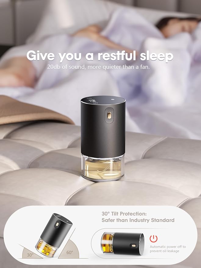 Waterless Essential Oil Diffuser, Rechargeable Aromatherapy Scent Diffusers for Home, Car, Bedroom, Office, 1/2/4/8-Hour Timer, 100ml Capacity, 4 Mist Levels, Metal Black