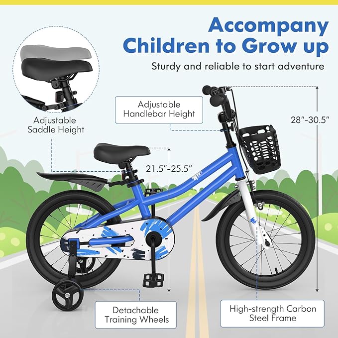 COSTWAY Kids Bike, 12 14 16 18 Inch Toddler Bike for Boys & Girls Aged 3-8 Years Old, Kids Bicycle w/Removable Training Wheels, Handbrake & Coaster Brake, Basket, Bell