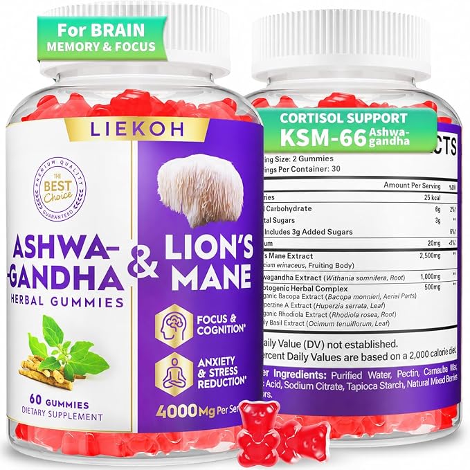 Ashwagandha Gummies - Organic Ashwagandha & Lions Mane Gummies for Adults with 4 Adaptogenic Herb for Stress, Cognitive & Immune Support| Cortisol Supplements for Women & Men, Berry Flavor - 60 Counts