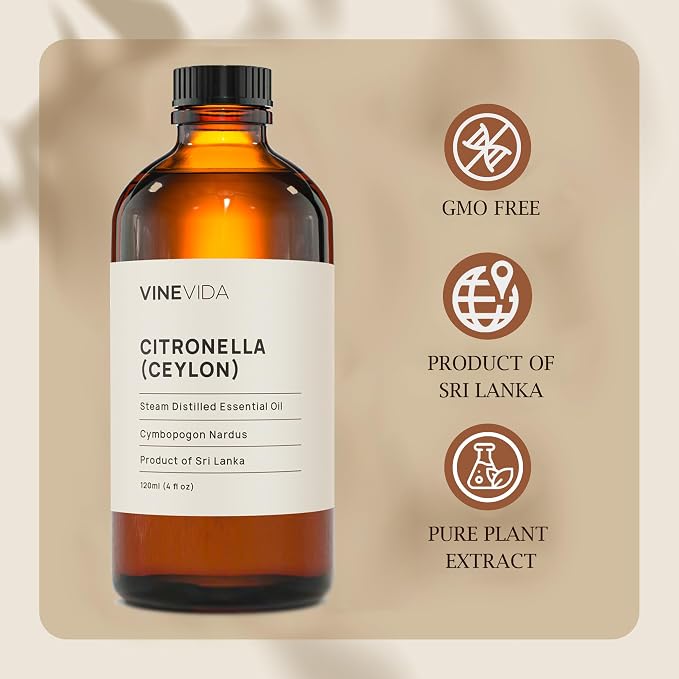 VINEVIDA Citronella Ceylon Essential Oil 4 oz - Undiluted Citronella Oil 4 oz - Citronella Candle Oil Scent - DIY Candle Scents for Candlemaking - Bulk Essential Oil for Soap Making