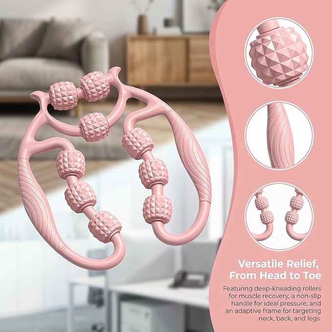 Full Body Massage Tool with 9 Rollers, Pink Manual Massager for Neck, Shoulder, Back, Arms, Legs, 25cm Length, Double Massage Area Design