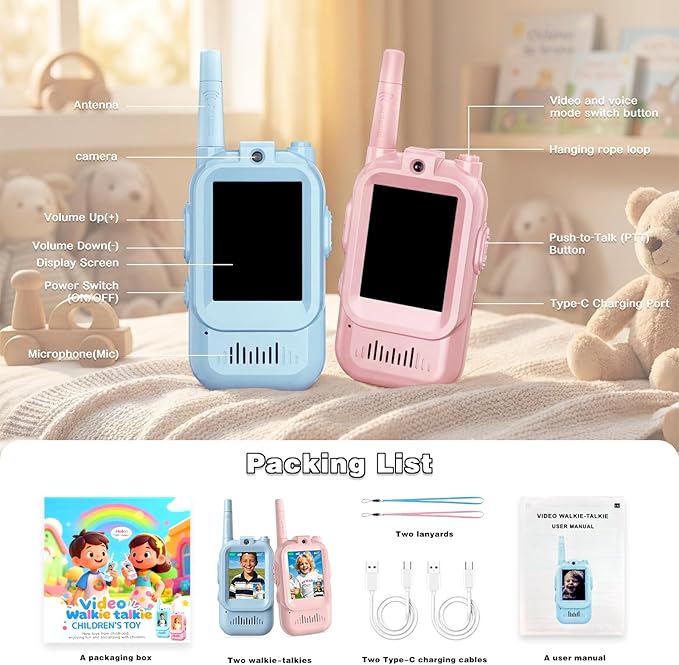 Kids Video Walkie Talkies, Pair of 2 with 300M Range, Portable Handheld Video Call Toy for Ages 3-12, for Christmas, Birthday, Outdoor Camping（Blue+Pink）