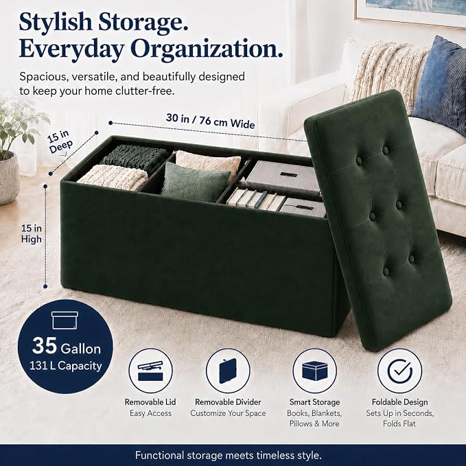 ALASDO 30 Inch Folding Storage Ottoman Bench with Hidden Storage, Velvet Storage Ottoman Foot Rest Stool, End of Bed Bench for Bedroom, Living Room, Entryway and Closet, Dark Green