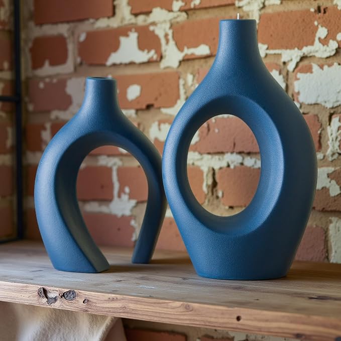 Lvases Blue Snuggle Hollow Ceramic Vase Minimalist Decorative Vases of 2 | 11 Inch Nordic Boho Decor Home Flower Vases for Living Room Coffee Table, Bookshelf Mantle & Entryway Pampas Grass Display