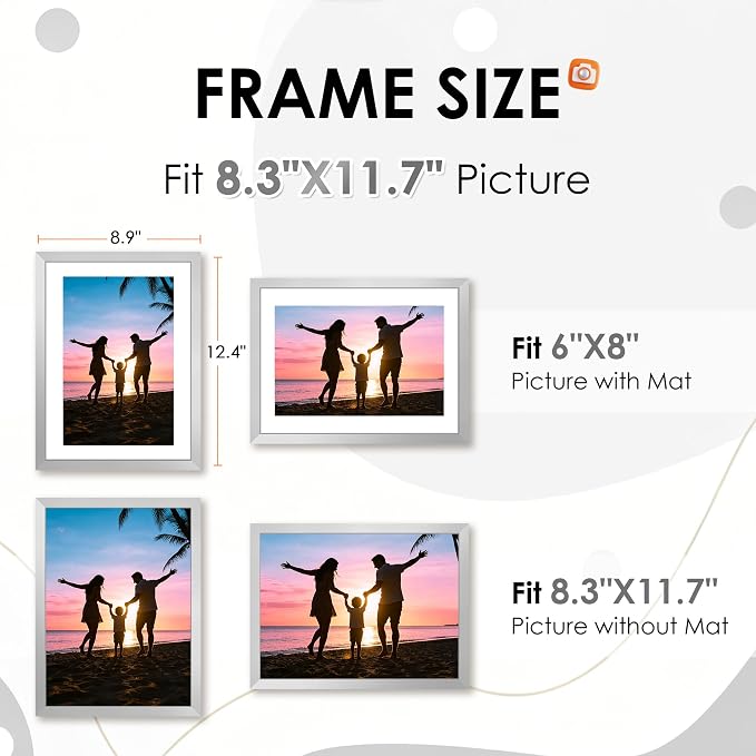 FIXSMITH A4 Picture Frame Set of 2, Silver Photo Frame with HD Plexiglass, Display Pictures 6x8 with Mat or 8.3x11.7 Without Mat Multi Picture Frames Collage for Tabletop or Wall Display