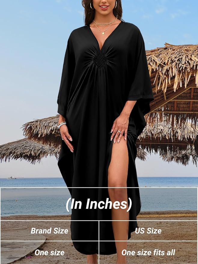 ChiaoLezhee Print Moo-Moos for Women, Kaftan Cover-Up Dresses, Sexy V-Neck High-Slit, Beach Pool-Party Coverups Muumuu Plus