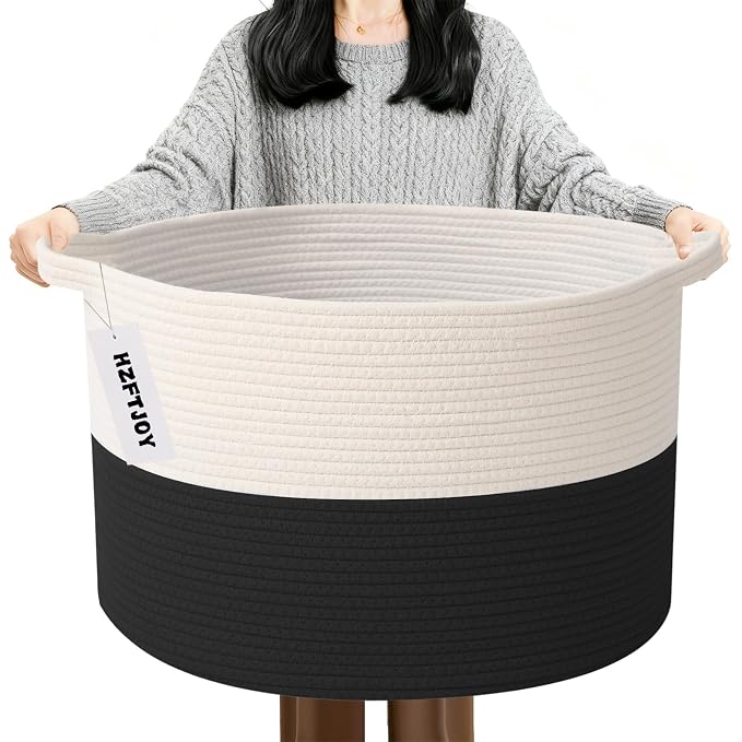 90L Extra Large Blanket Basket,Woven Laundry Basket-White&Black | Collapsible, reinforced handles, nursery storage bin organizes clothes, toys and pillows for living room, bedroom bathroom