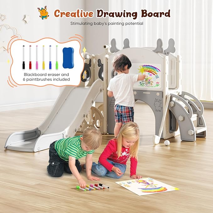 Toddler Slide, 10 in 1 Toddler Playset - Upgrade with Kids Slide, Drawing Board, Golf Set, Basketball Hoop and Storage Space for Age 1-3, Indoor and Outdoor Playground