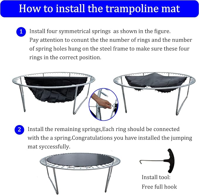 Trampoline Replacement Mat,Fits 15ft Round Frame with 90/96/100/108 Rings,Fits 5.3-8.5" Springs,Longer Lasting with 10 Rows of Stitches,w/Pull Hook and Gloves,（13ft-13.4ft Trampoline Mat