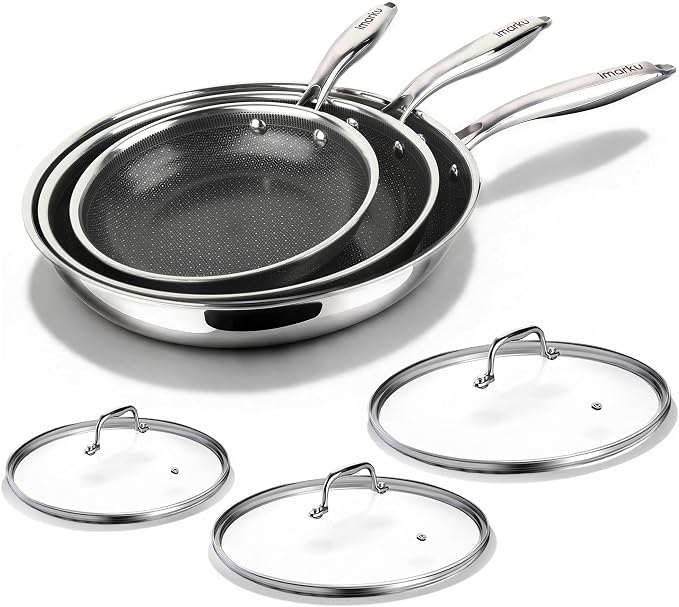 imarku Non Stick Frying Pan Set with Lids, PFOA Free 8/10/12 Inch Skillets | 6 Pcs Ceramic-Coated Hybrid Stainless Steel Cookware Set, Dishwasher Friendly, Oven Safe, Induction Ready, for Men & Women