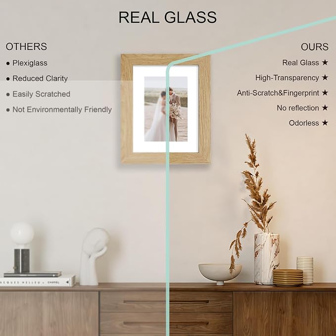 Hongkee 6x8 Picture Frame Set of 4, Made of Real Glass and Natural Oak Frame - Display Picture 4x6 with Mat or 6x8 Without Mat, 6 by 8 Photo for Wall or Tabletop