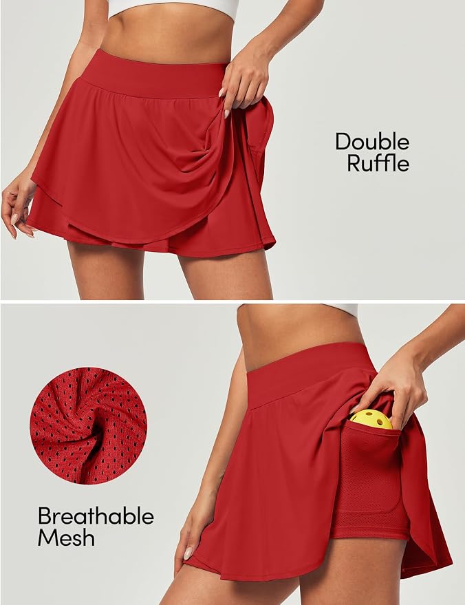 IUGA Tennis Skirt Pleated Skorts for Women with Pockets Skirts for Women | Double Ruffle Skort , Built-In Shorts, 2 Pockets, Tummy Control Breathable, Quick-dry, for Golf, Athletic, Running, Workout