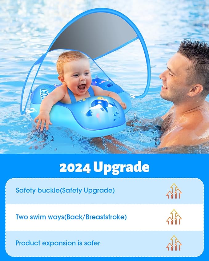 LAYCOL Baby Swimming Float Inflatable Baby Pool Float Ring with Sun Protection Canopy,add Tail no flip Over for Age of 3-36 Months