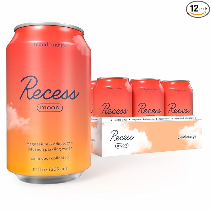 Recess Mood Magnesium & Adaptogen Drink, Relaxation Beverage, 12 ounce (Blood Orange, 12 pack)