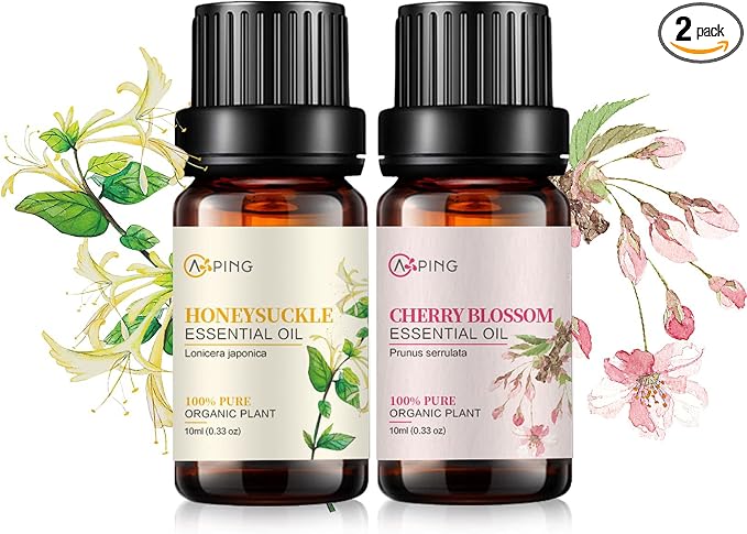 Cherry Blossom & Honeysuckle Essential Oils - 100% Pure Organic Natural Plant Oils for Diffuser, Aroma, Spa, Massage, Yoga, Perfume, 2x10ML