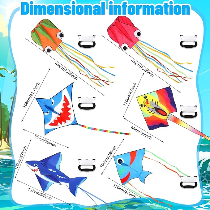 Leitee 6 Pack Large Kite for Kids and Adults Butterfly Kite for Kids Age 4-8-12 Dragonfly Owl Parrot Eagle Goldfish Teens Toy Easy to Fly for Game Beach Outdoor Activities Gifts(Ocean Style)