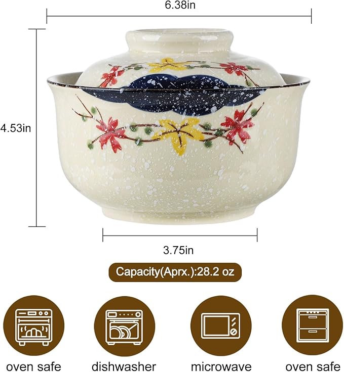 VanEnjoy Microwavable Ramen Bowl with Lid, 25 Oz Japanese Bowl Big Ceramic Japanese Soup Bowl with Lid, Korean Clay Pot - floral
