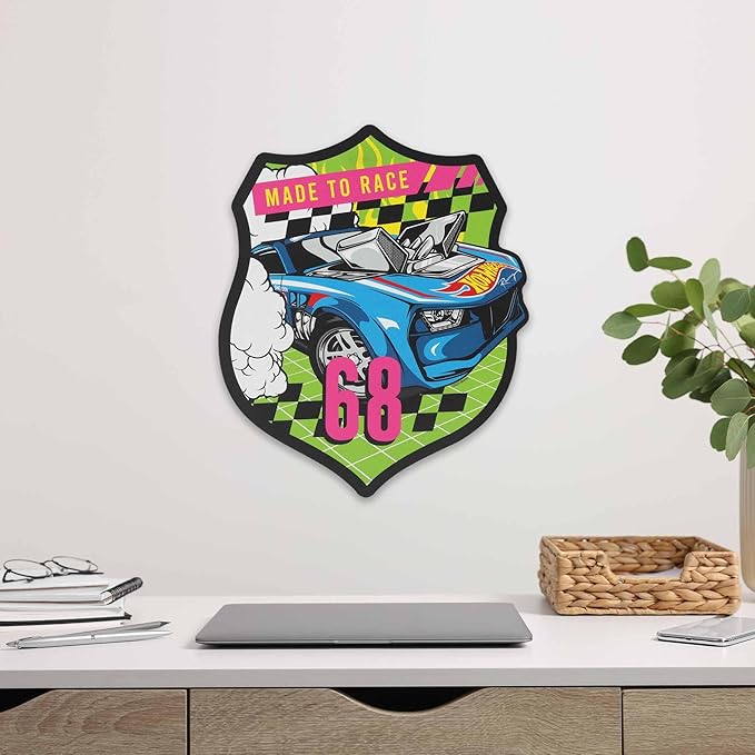 Hot Wheels Made to Race Wood Wall Decor - Bold Hot Wheels Racing Sign Featuring Blue Muscle Car Art