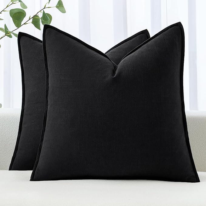 MIULEE Decorative Linen Pillow Covers 20x20 Inch Black | Boho Farmhouse Neutral Couch Throw Pillows for Bed, Pack of 2 Accent Modern Pillowcases, Sofa Livingroom Home Decor