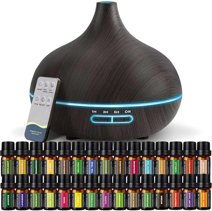 SACATR 550ml Oil Diffuser with 30x5 mL Essential Oils, Ultrasonic Technology, Remote Control for Home Office