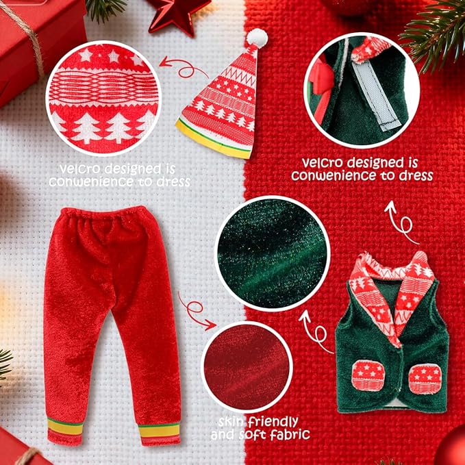 Christmas Doll Clothes & Accessories Kit, 12PCS Retro Christmas Style Vest, Skirt, Hammock, Chef Hat, Apron, Eye Mask – Festive Girl Boy Doll Clothes for Kids Xmas Party Decor