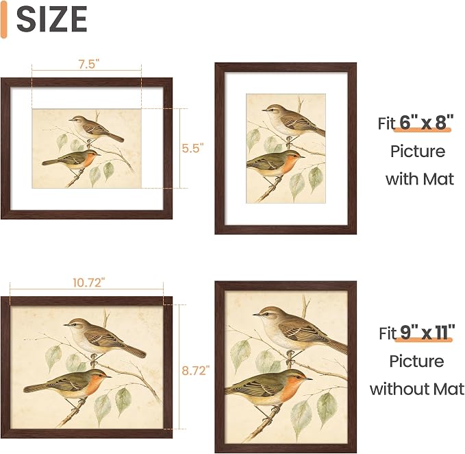 upsimples 9x11 Picture Frame, Display Pictures 6x8 with Mat or 9x11 Without, Wall Hanging Photo Frame, Brown, 1 Pack