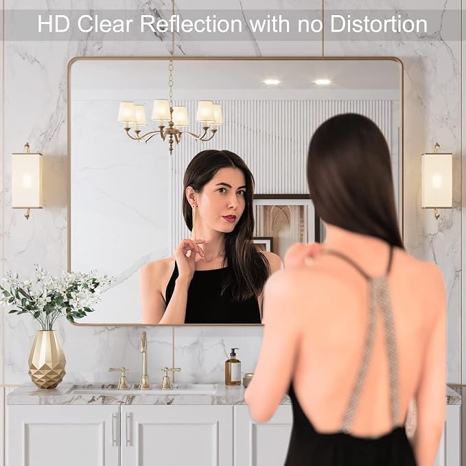 LOAAO 40"X32" Gold Bathroom Mirror | Rounded Rectangle, Brushed Gold Frame, Wall-Mounted, Anti-Rust, Tempered Glass, Hangs Horizontally or Vertically