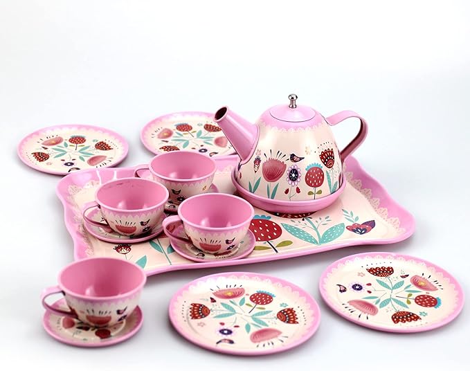 Pink Tea Set for Little Girls,Flower Design Tea Party Set,Princess Tea Time Toys Teapot Dishes Kitchen Pretend Play Tin Tea Party Set for Girls