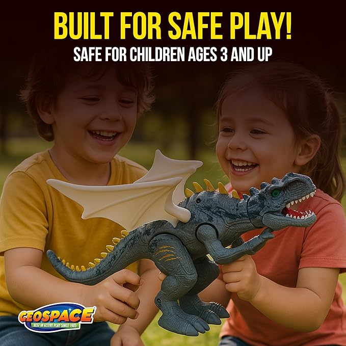 Geospace New Dragon Walking Dinosaur Toy – Smoke Breathing Fire Dragon Toy for Kids 3 & up, Walking Dinosaur Toys with Lights, Roaring Sound, Dragons Action Figure, Dragons for Gift (T-Rex)
