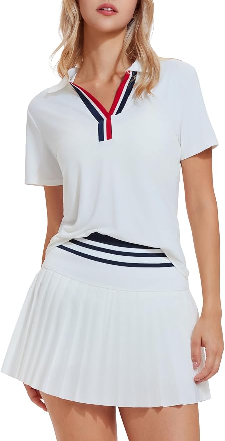 Tennis Skirt Set for Women Color Block V Neck Golf Pickleball Outfits Pleated Athletic Two Piece Skirts Sets