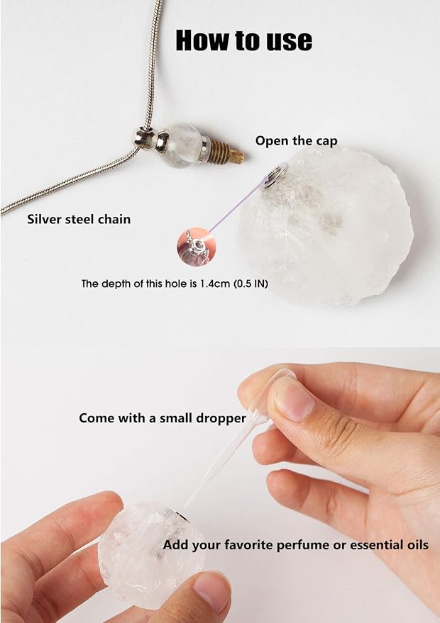 AMOYSTONE Natural Crystal Perfume Necklace Women Long Necklace Clear Quartz Gemstone Perfume Essential Oil Diffuser Bottle Pendant, 1P Irregular Unpolished