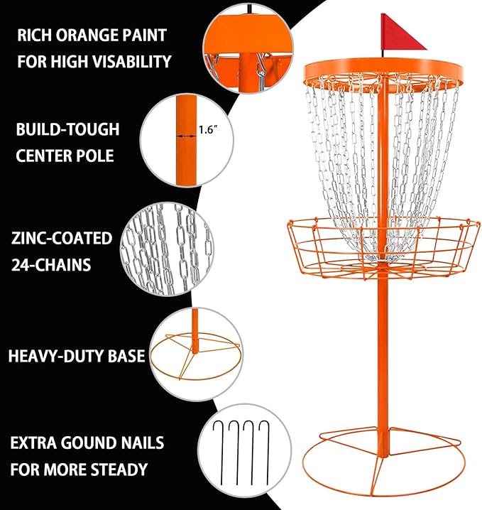 TARUMG Disc Golf Basket - Portable Disc Golf Target with Heavy Duty 24-Chains Come with Transit Bag and 3pcs Disc Golf Discs, Ground Stake -Suitable for Players of All Levels - Multi Color Available