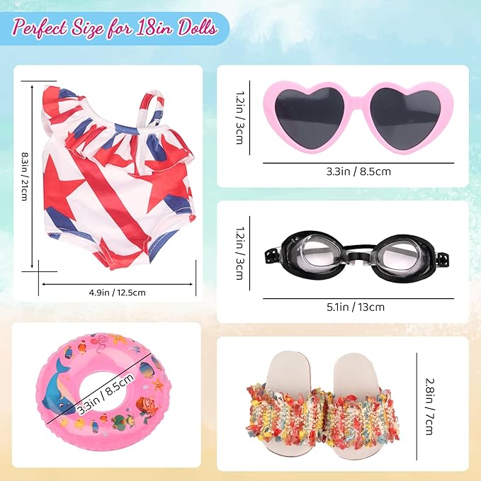 18 Inch Doll Clothes & Accessories Bundle-5-Pcs Summer Beach Playset with Swimsuit,Sandals,Goggles,Sunglasses & Inflatable Ring for 18 Dolls Wardrobe