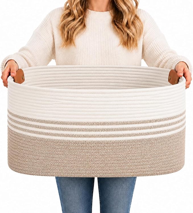 DOFASAYI Laundry Hamper with Handles, 72L Rope Laundry Basket, Light Brown | Cotton rope clothes hamper with leather handles holds blankets, pillows, toys and laundry in nursery, bedroom or living room