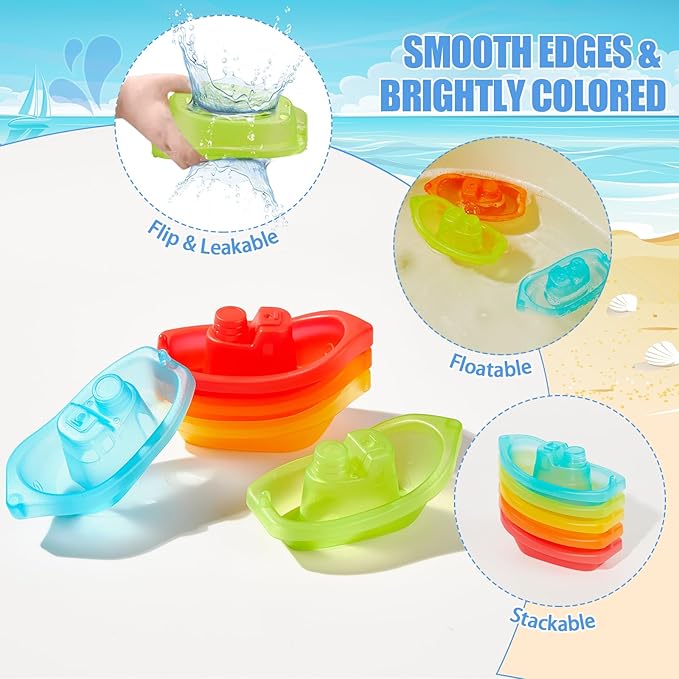 Baby Bath Toys for Kids Ages 1-3 11PCS Mold Free Bath Toys for Toddlers 2-4 with Colorful Floating Boats and Spoons, Baby & Toddler Bathtub Sand Beach Pool Water Toys for Christmas Birthday Gifts